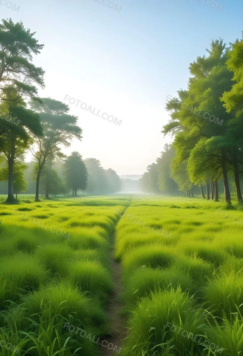 A Vibrant Green Field With Lush Grass Flanked By Tall Trees With Green Leaves Leading To A Bright Hazy Horizon In A Natural Environment 25 5fd8