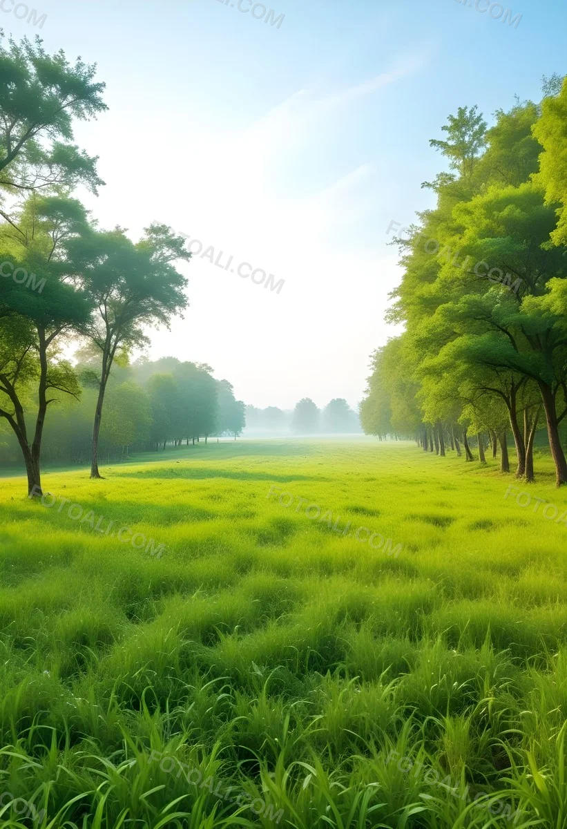A Vibrant Green Field With Lush Grass Flanked By Tall Trees With Green Leaves Leading To A Bright Hazy Horizon In A Natural Environment 37 D993