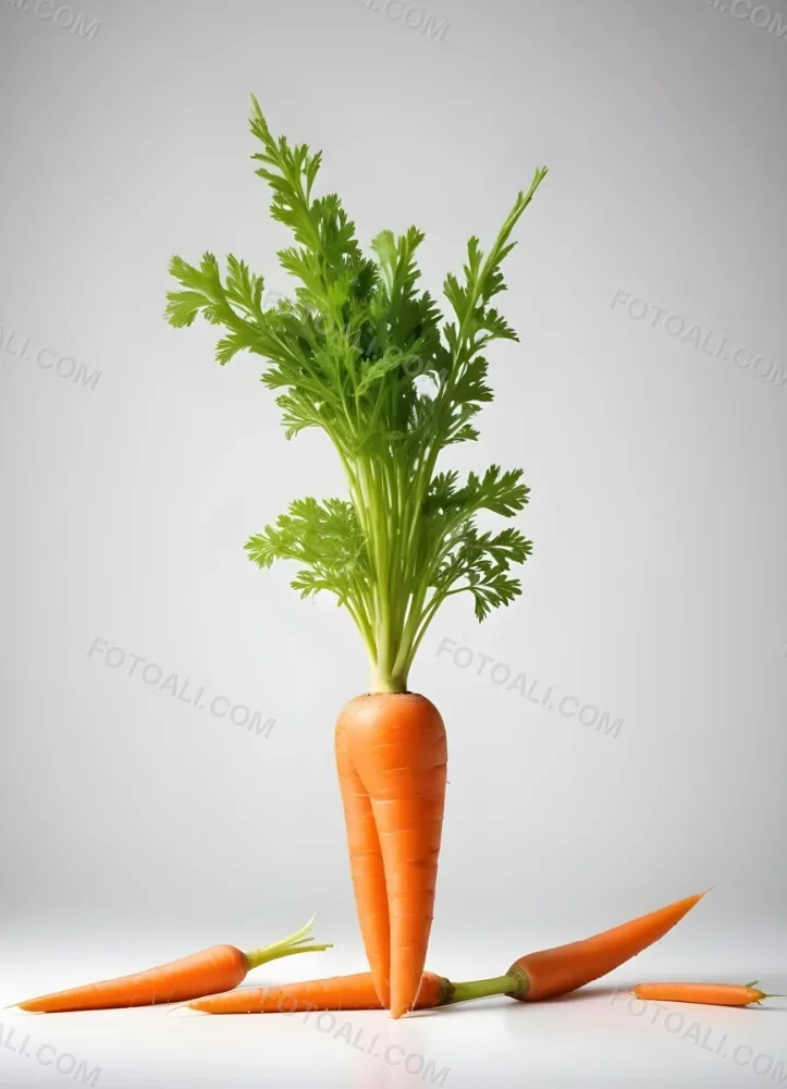 A Vibrant Orange Carrot With Lush Green Leaves Standing Upright Against A Clean White Background Showcasing Its Fresh And Healthy Appearance 11 266c
