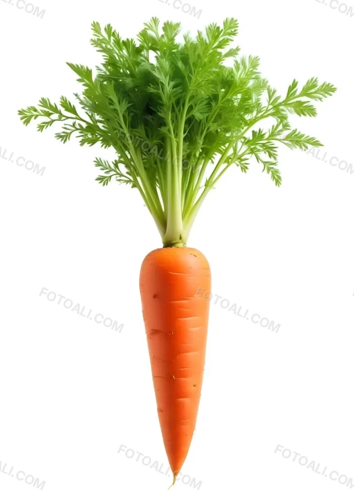 A Vibrant Orange Carrot With Lush Green Leaves Standing Upright Against A Clean White Background Showcasing Its Fresh And Healthy Appearance 14 E38f