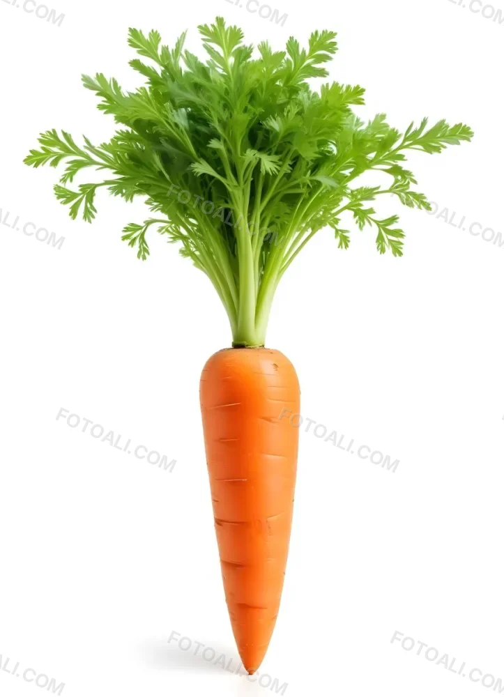A Vibrant Orange Carrot With Lush Green Leaves Standing Upright Against A Clean White Background Showcasing Its Fresh And Healthy Appearance 16 D9be