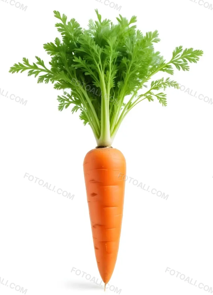 A Vibrant Orange Carrot With Lush Green Leaves Standing Upright Against A Clean White Background Showcasing Its Fresh And Healthy Appearance 22 6f47
