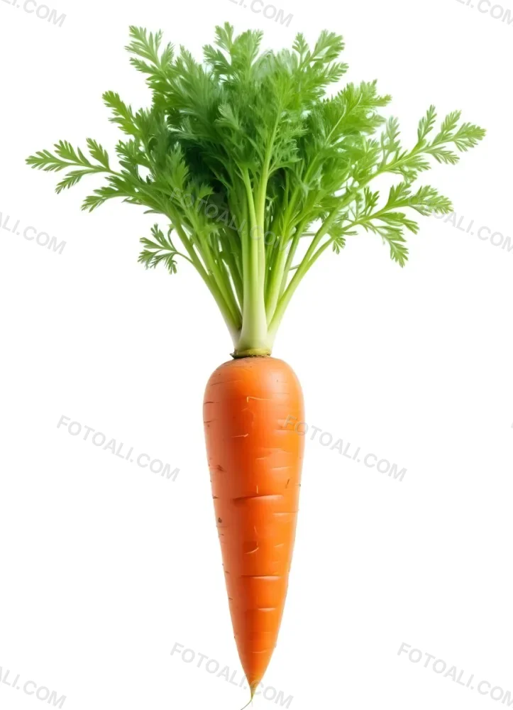 A Vibrant Orange Carrot With Lush Green Leaves Standing Upright Against A Clean White Background Showcasing Its Fresh And Healthy Appearance 27 6dd0