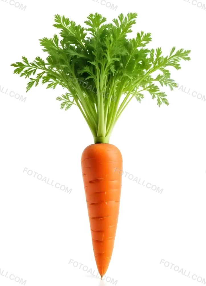 A Vibrant Orange Carrot With Lush Green Leaves Standing Upright Against A Clean White Background Showcasing Its Fresh And Healthy Appearance 6 7adf