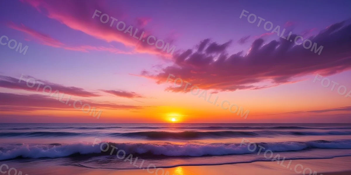 A Vibrant Sunset Over The Ocean With The Sun Dipping Below The Horizon The Sky Is Filled With Shades Of Purple Pink And Orange Creating A Stunning And Dramatic Scene The Waves Are Gently Lapping At The Shore 19 6b32