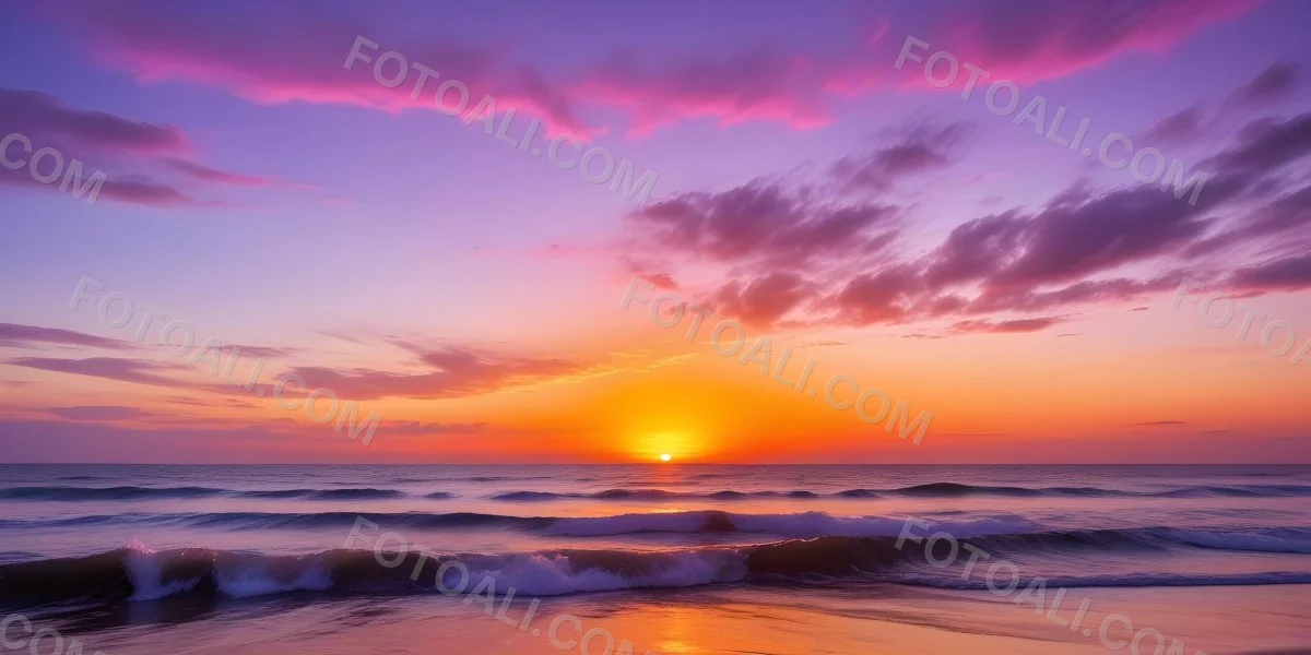 A Vibrant Sunset Over The Ocean With The Sun Dipping Below The Horizon The Sky Is Filled With Shades Of Purple Pink And Orange Creating A Stunning And Dramatic Scene The Waves Are Gently Lapping At The Shore 20 58fa