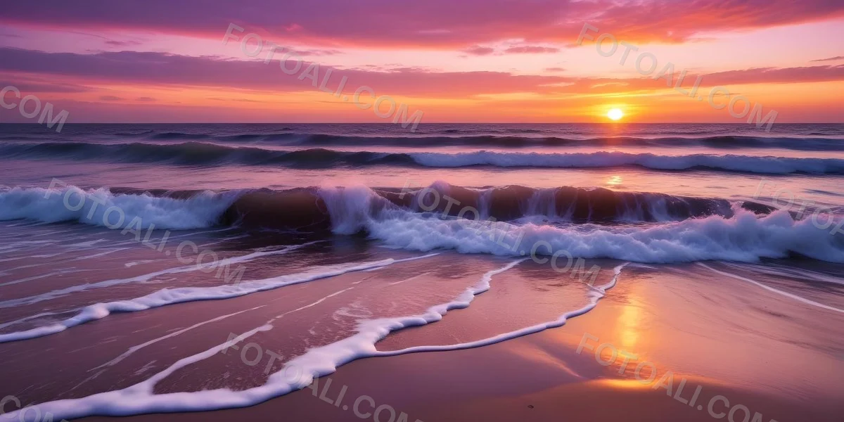 A Vibrant Sunset Over The Ocean With The Sun Dipping Below The Horizon The Sky Is Filled With Shades Of Purple Pink And Orange Creating A Stunning And Dramatic Scene The Waves Are Gently Lapping At The Shore 25 2e3a