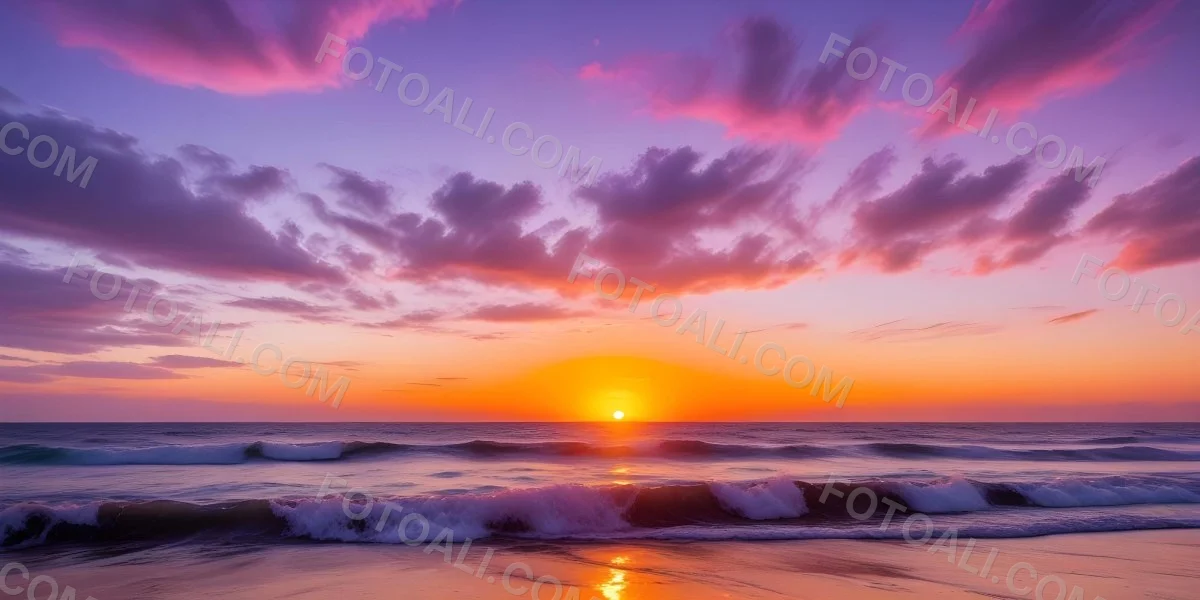A Vibrant Sunset Over The Ocean With The Sun Dipping Below The Horizon The Sky Is Filled With Shades Of Purple Pink And Orange Creating A Stunning And Dramatic Scene The Waves Are Gently Lapping At The Shore 38 Feed