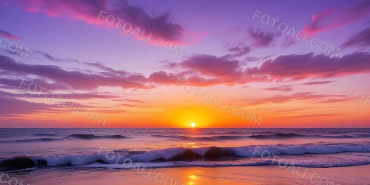 A Vibrant Sunset Over The Ocean With The Sun Dipping Below The Horizon The Sky Is Filled With Shades Of Purple Pink And Orange Creating A Stunning And Dramatic Scene The Waves Are Gently Lapping At The Shore 39 5632