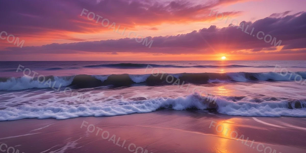 A Vibrant Sunset Over The Ocean With The Sun Dipping Below The Horizon The Sky Is Filled With Shades Of Purple Pink And Orange Creating A Stunning And Dramatic Scene The Waves Are Gently Lapping At The Shore 4 Ed82