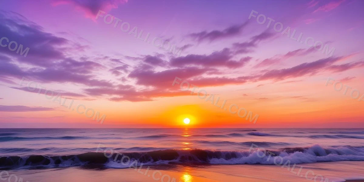 A Vibrant Sunset Over The Ocean With The Sun Dipping Below The Horizon The Sky Is Filled With Shades Of Purple Pink And Orange Creating A Stunning And Dramatic Scene The Waves Are Gently Lapping At The Shore 40 2c72