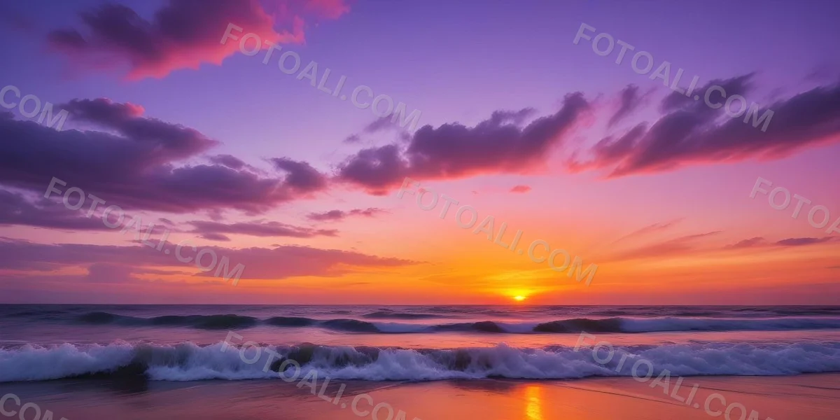 A Vibrant Sunset Over The Ocean With The Sun Dipping Below The Horizon The Sky Is Filled With Shades Of Purple Pink And Orange Creating A Stunning And Dramatic Scene The Waves Are Gently Lapping At The Shore 42 58e4