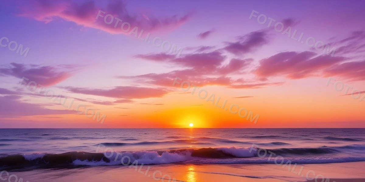 A Vibrant Sunset Over The Ocean With The Sun Dipping Below The Horizon The Sky Is Filled With Shades Of Purple Pink And Orange Creating A Stunning And Dramatic Scene The Waves Are Gently Lapping At The Shore 43 5168
