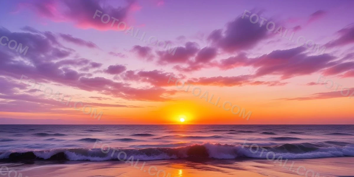 A Vibrant Sunset Over The Ocean With The Sun Dipping Below The Horizon The Sky Is Filled With Shades Of Purple Pink And Orange Creating A Stunning And Dramatic Scene The Waves Are Gently Lapping At The Shore 44 7ea9