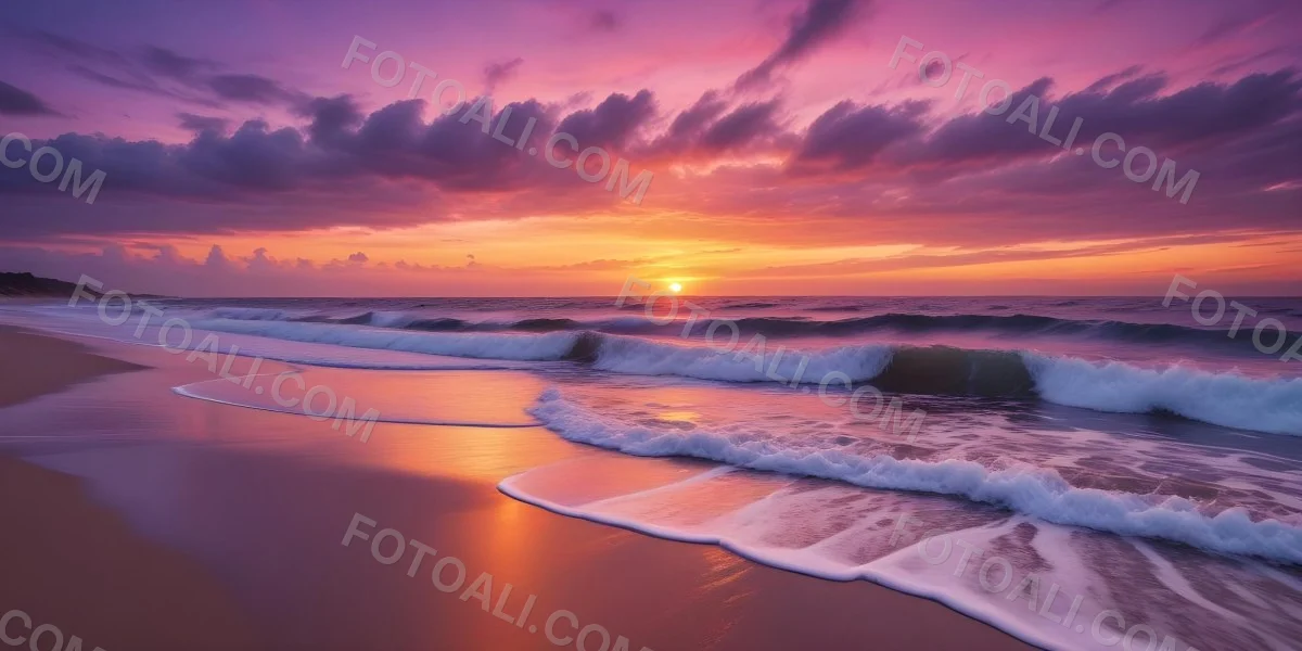 A Vibrant Sunset Over The Ocean With The Sun Dipping Below The Horizon The Sky Is Filled With Shades Of Purple Pink And Orange Creating A Stunning And Dramatic Scene The Waves Are Gently Lapping At The Shore 6 63ba