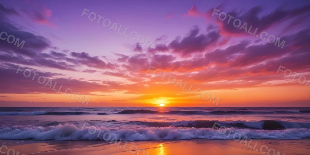 A Vibrant Sunset Over The Ocean With The Sun Dipping Below The Horizon The Sky Is Filled With Shades Of Purple Pink And Orange Creating A Stunning And Dramatic Scene The Waves Are Gently Lapping At The Shore 8 1991
