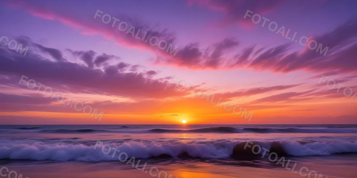 A Vibrant Sunset Over The Ocean With The Sun Dipping Below The Horizon The Sky Is Filled With Shades Of Purple Pink And Orange Creating A Stunning And Dramatic Scene The Waves Are Gently Lapping At The Shore 9 7959