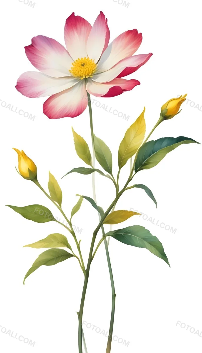 A Vibrant White Flower With A White Center Yellow Leaves And A Slender Stem Set Against A Vibrant Background Watercolor Style 31 E266
