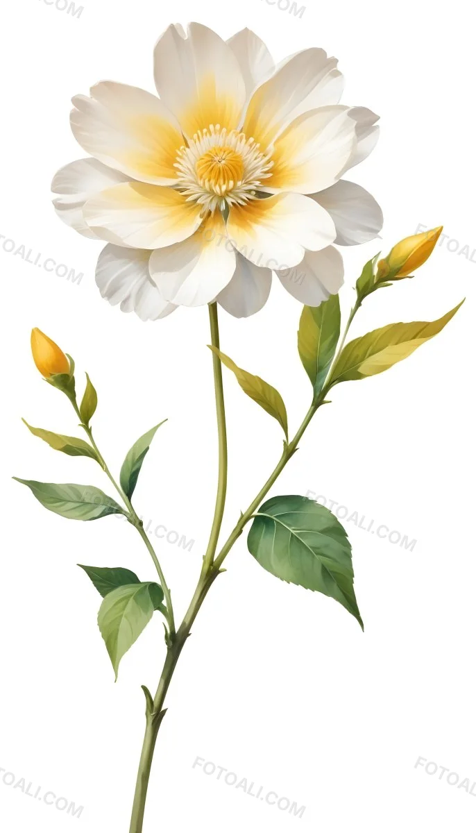 A Vibrant White Flower With A White Center Yellow Leaves And A Slender Stem Set Against A Vibrant Background Watercolor Style 32 A914