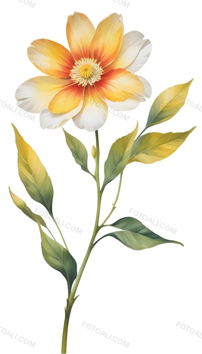 A Vibrant White Flower With A White Center Yellow Leaves And A Slender Stem Set Against A Vibrant Background Watercolor Style 33 5d6f