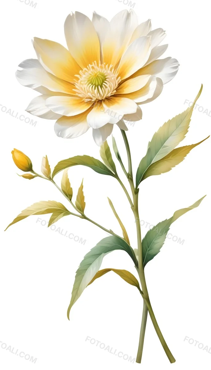 A Vibrant White Flower With A White Center Yellow Leaves And A Slender Stem Set Against A Vibrant Background Watercolor Style 34 4ef8