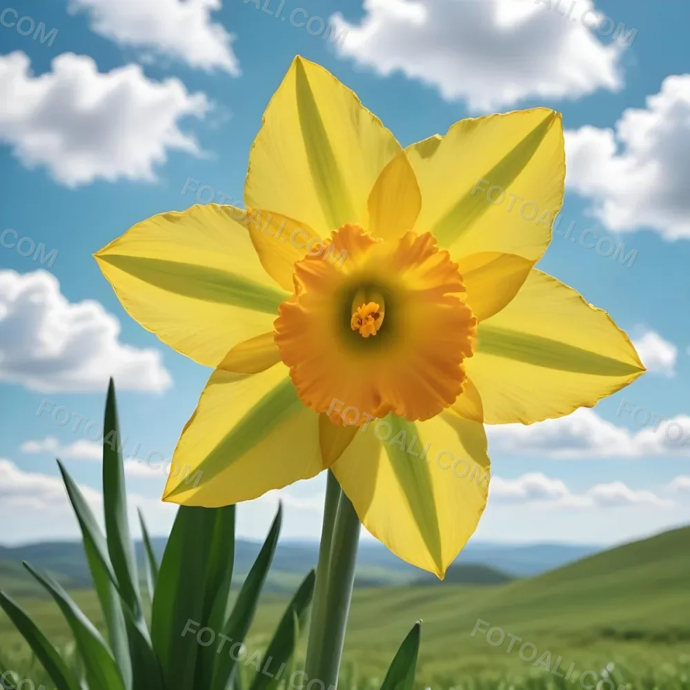 A Vibrant Yellow Daffodil With A Detailed Center Surrounded By Green Leaves Set Against A Backdrop Of Rolling Green Hills And A Blue Sky With Fluffy White Clouds 1 F35f