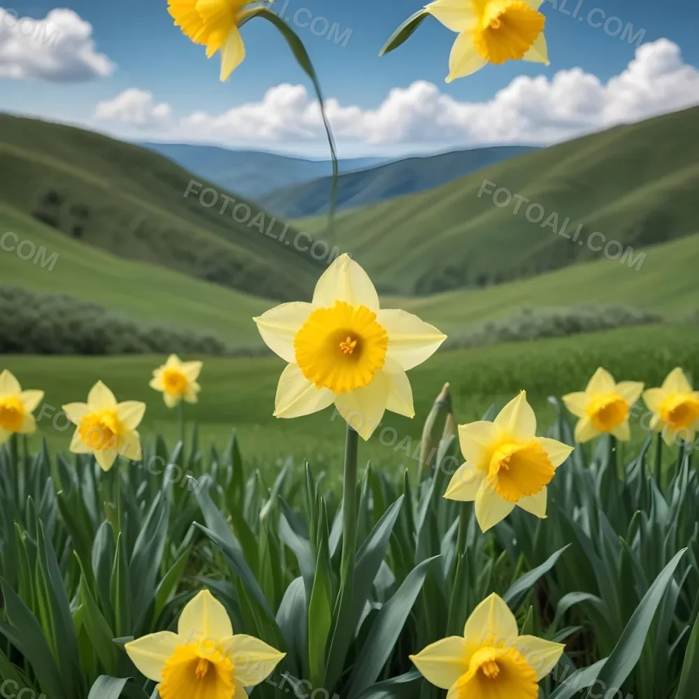 A Vibrant Yellow Daffodil With A Detailed Center Surrounded By Green Leaves Set Against A Backdrop Of Rolling Green Hills And A Blue Sky With Fluffy White Clouds 12 Be68