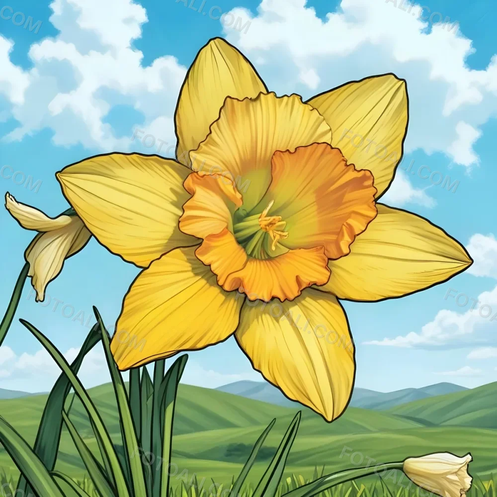 A Vibrant Yellow Daffodil With A Detailed Center Surrounded By Green Leaves Set Against A Backdrop Of Rolling Green Hills And A Blue Sky With Fluffy White Clouds 13 C997