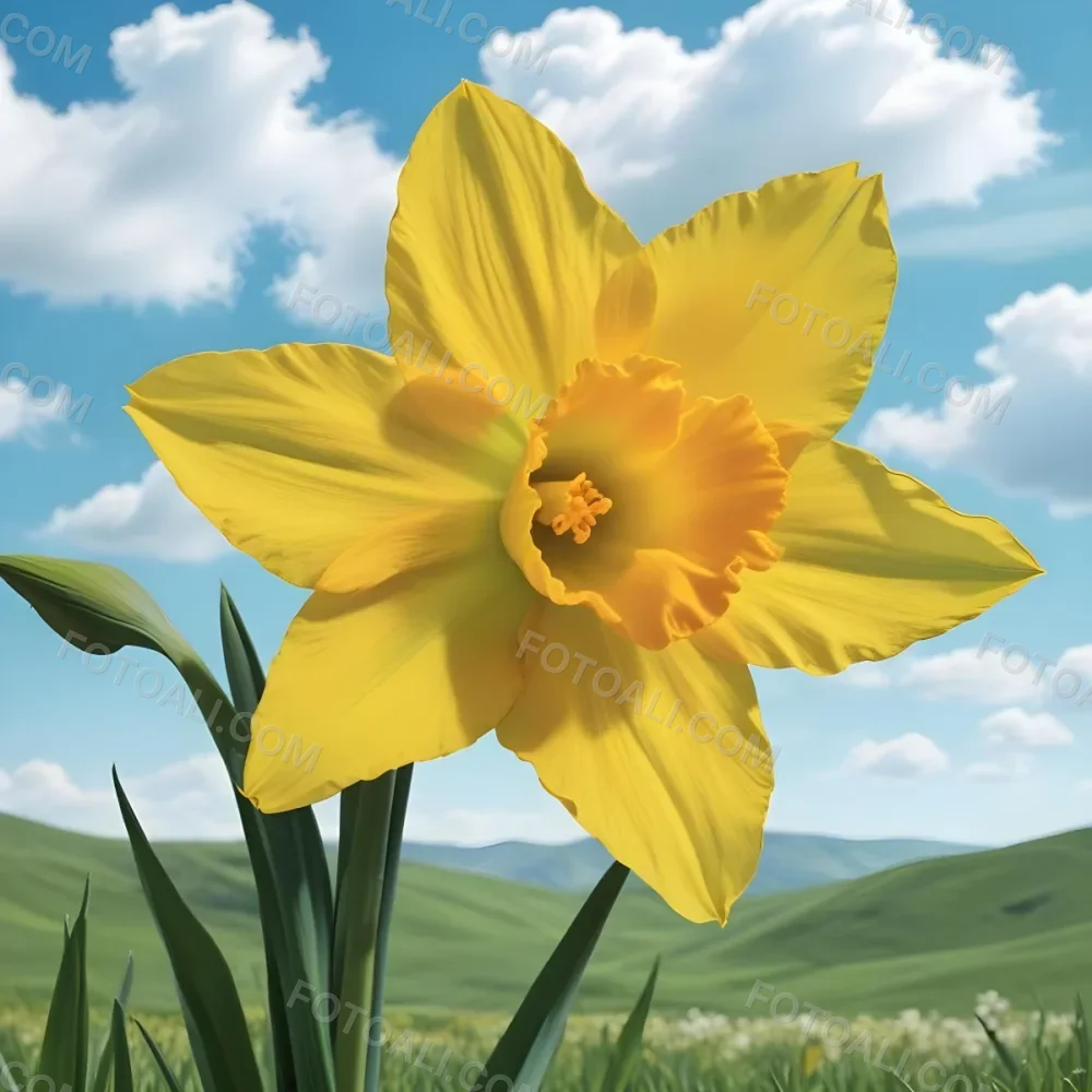 A Vibrant Yellow Daffodil With A Detailed Center Surrounded By Green Leaves Set Against A Backdrop Of Rolling Green Hills And A Blue Sky With Fluffy White Clouds 18 7eef