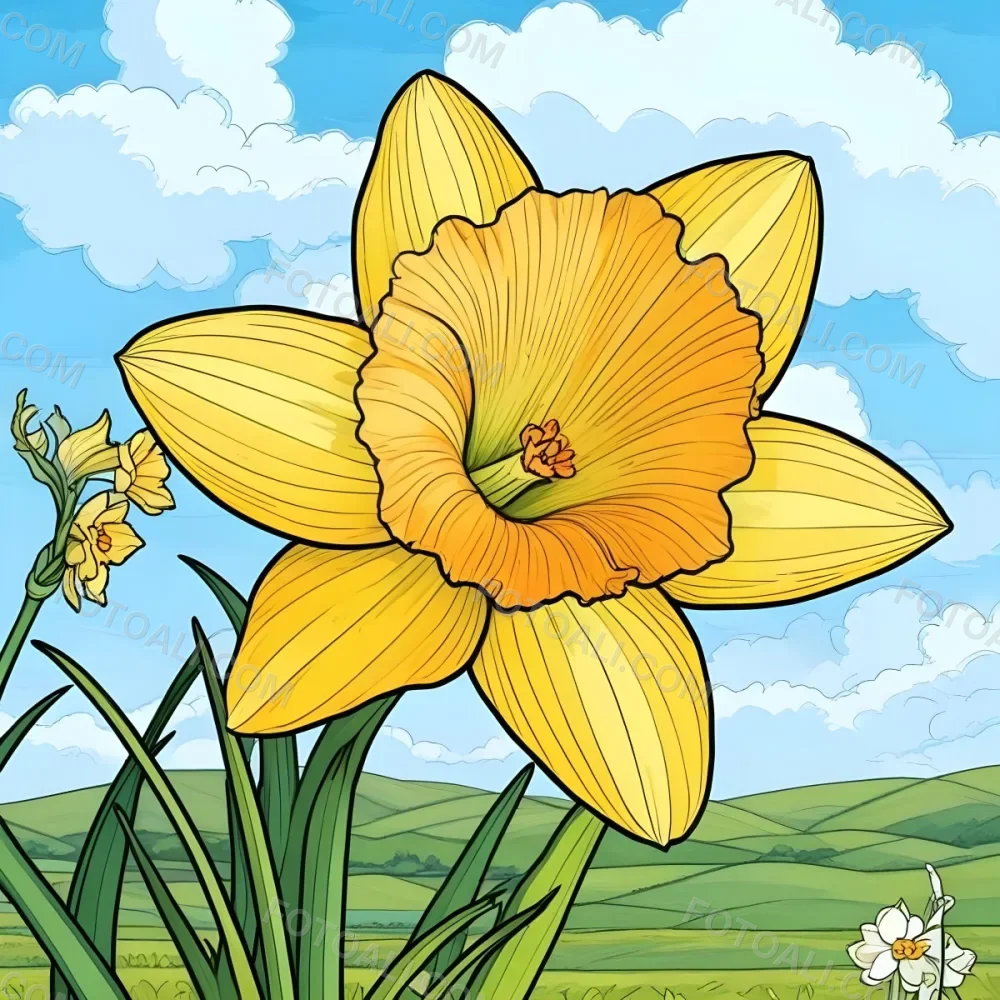 A Vibrant Yellow Daffodil With A Detailed Center Surrounded By Green Leaves Set Against A Backdrop Of Rolling Green Hills And A Blue Sky With Fluffy White Clouds 21 2067