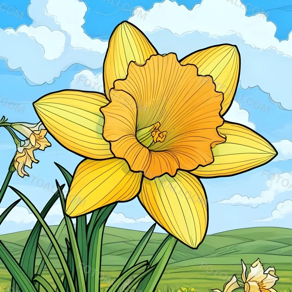 A Vibrant Yellow Daffodil With A Detailed Center Surrounded By Green Leaves Set Against A Backdrop Of Rolling Green Hills And A Blue Sky With Fluffy White Clouds 22 3cd1