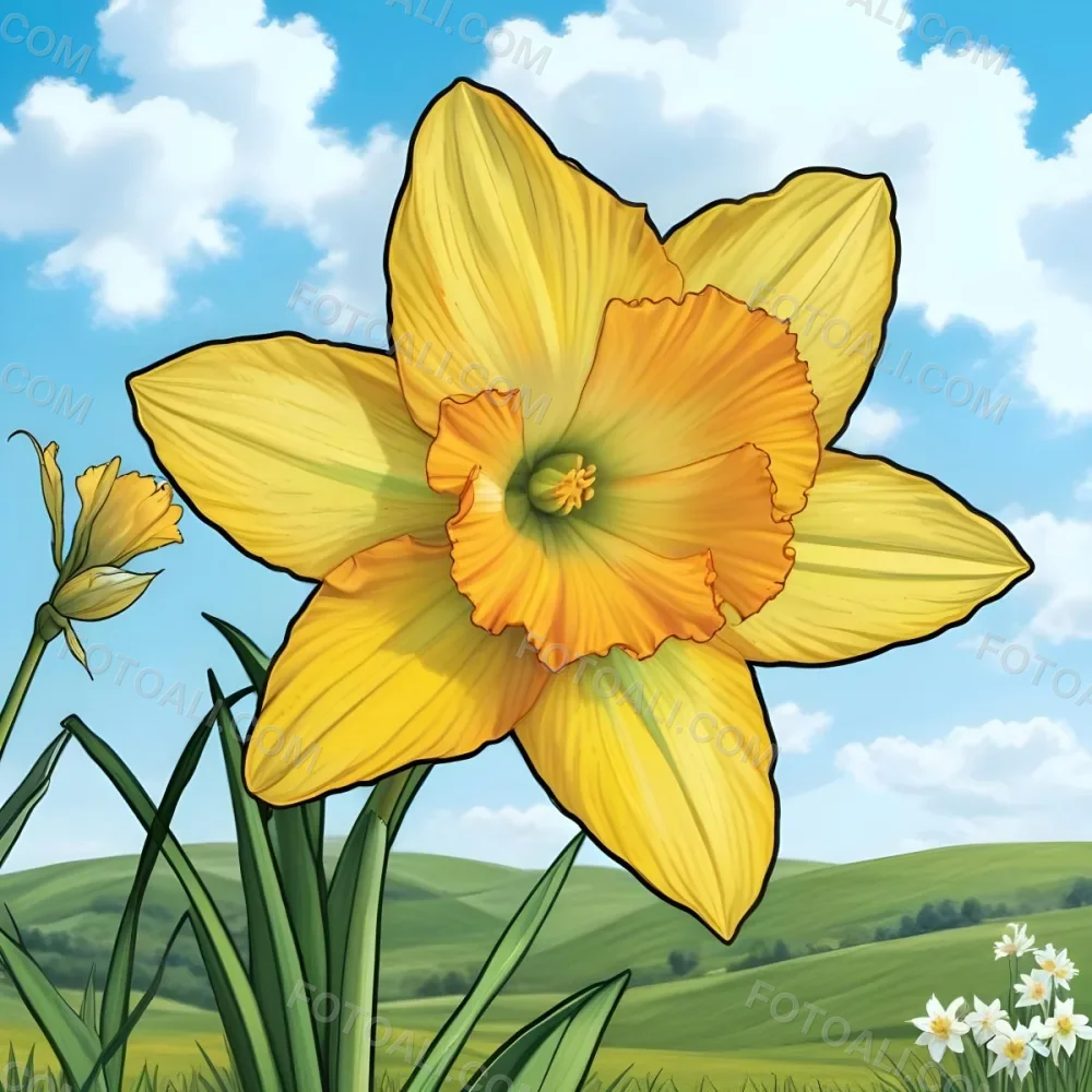 A Vibrant Yellow Daffodil With A Detailed Center Surrounded By Green Leaves Set Against A Backdrop Of Rolling Green Hills And A Blue Sky With Fluffy White Clouds 24 6d8c