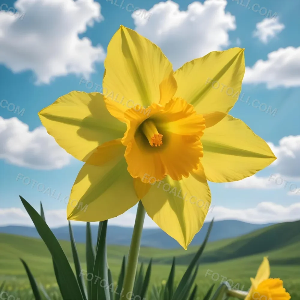 A Vibrant Yellow Daffodil With A Detailed Center Surrounded By Green Leaves Set Against A Backdrop Of Rolling Green Hills And A Blue Sky With Fluffy White Clouds 3 0f10