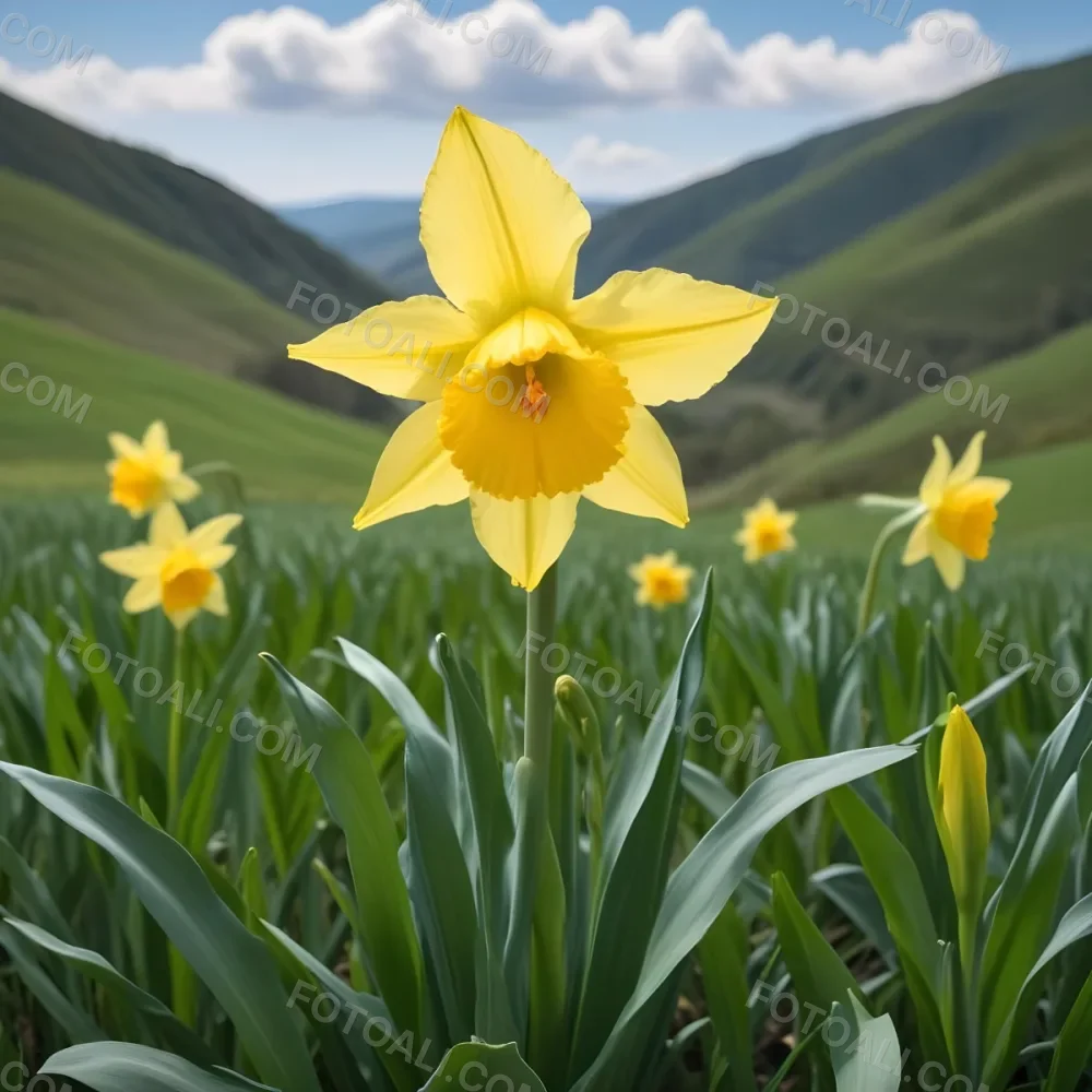 A Vibrant Yellow Daffodil With A Detailed Center Surrounded By Green Leaves Set Against A Backdrop Of Rolling Green Hills And A Blue Sky With Fluffy White Clouds 5 C1b4