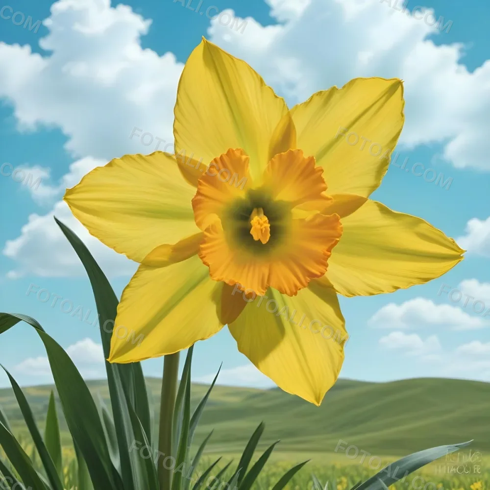 A Vibrant Yellow Daffodil With A Detailed Center Surrounded By Green Leaves Set Against A Backdrop Of Rolling Green Hills And A Blue Sky With Fluffy White Clouds 8 9d80
