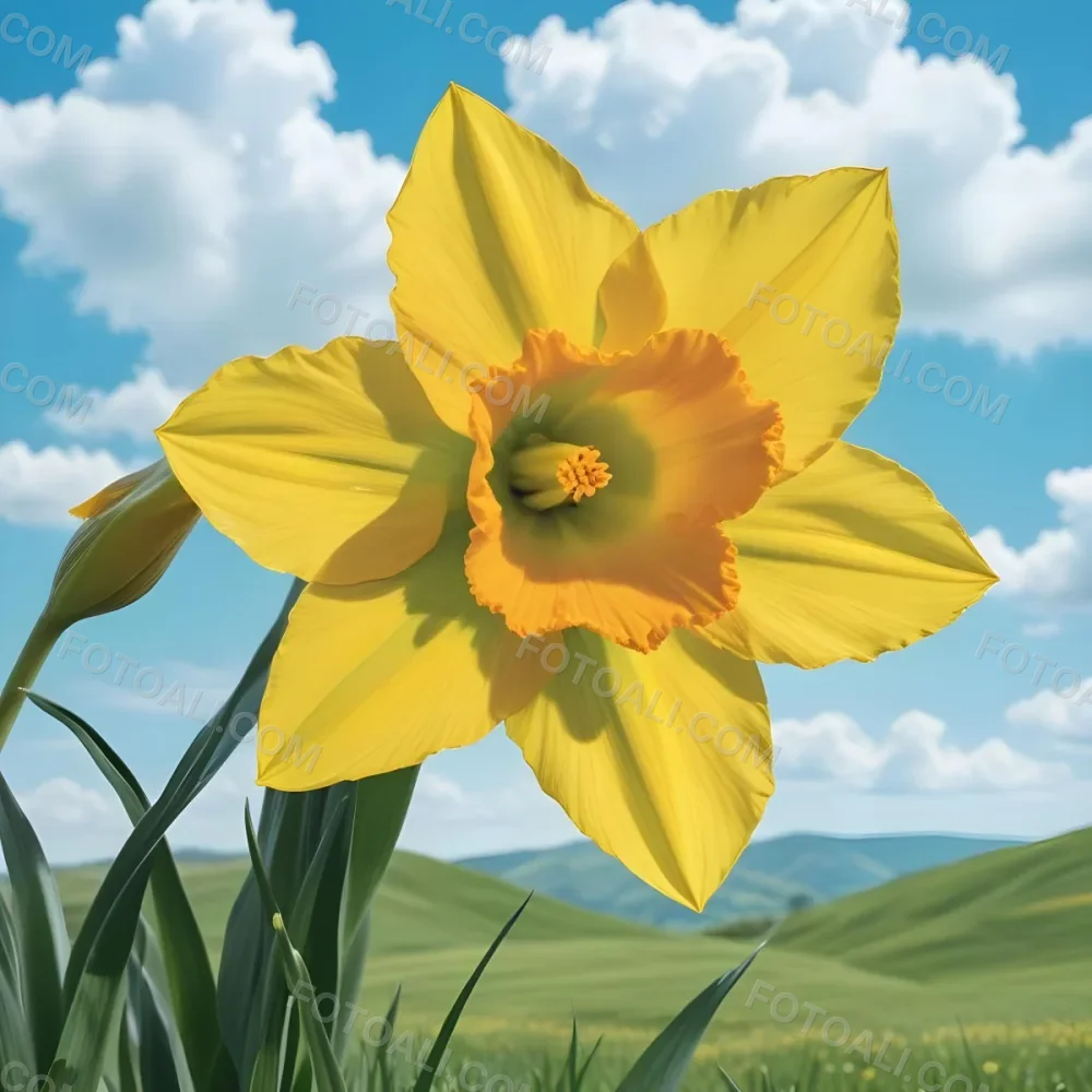 A Vibrant Yellow Daffodil With A Detailed Center Surrounded By Green Leaves Set Against A Backdrop Of Rolling Green Hills And A Blue Sky With Fluffy White Clouds 9 Bcc8