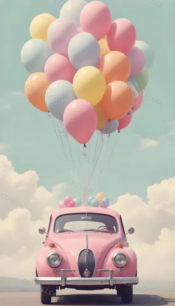 A Vintage Car With A Bunch Of Colorful Balloons Tied To The Roof Floating Against A Cloudy Sky 11 B938