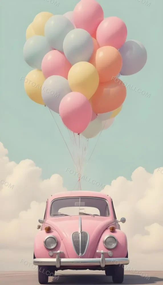 A Vintage Car With A Bunch Of Colorful Balloons Tied To The Roof Floating Against A Cloudy Sky 17 E7d4