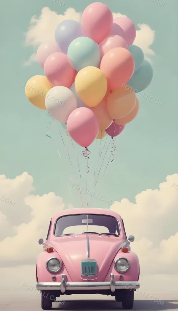 A Vintage Car With A Bunch Of Colorful Balloons Tied To The Roof Floating Against A Cloudy Sky 18 41e8