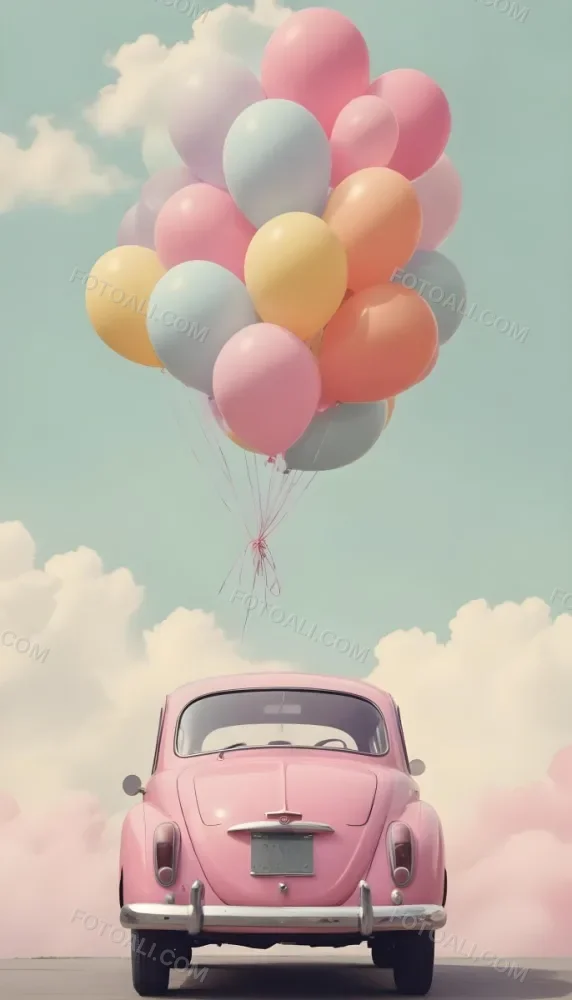 A Vintage Car With A Bunch Of Colorful Balloons Tied To The Roof Floating Against A Cloudy Sky 19 826b