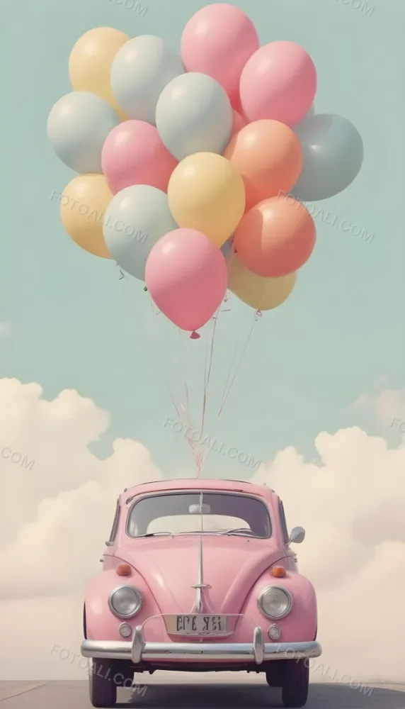 A Vintage Car With A Bunch Of Colorful Balloons Tied To The Roof Floating Against A Cloudy Sky 20 D47b