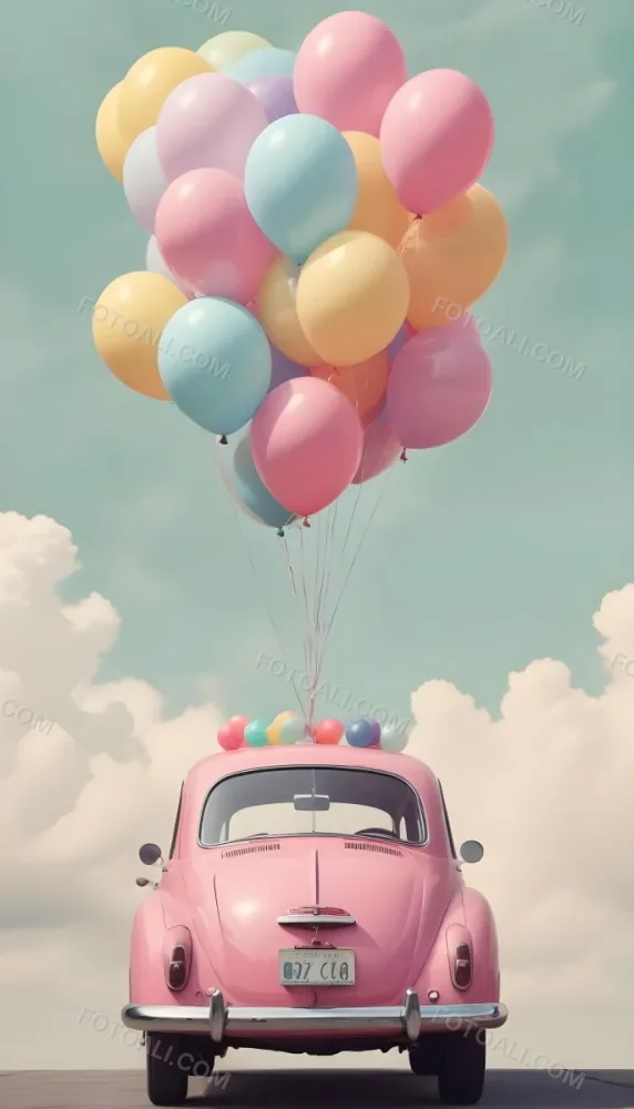 A Vintage Car With A Bunch Of Colorful Balloons Tied To The Roof Floating Against A Cloudy Sky 3 5d03
