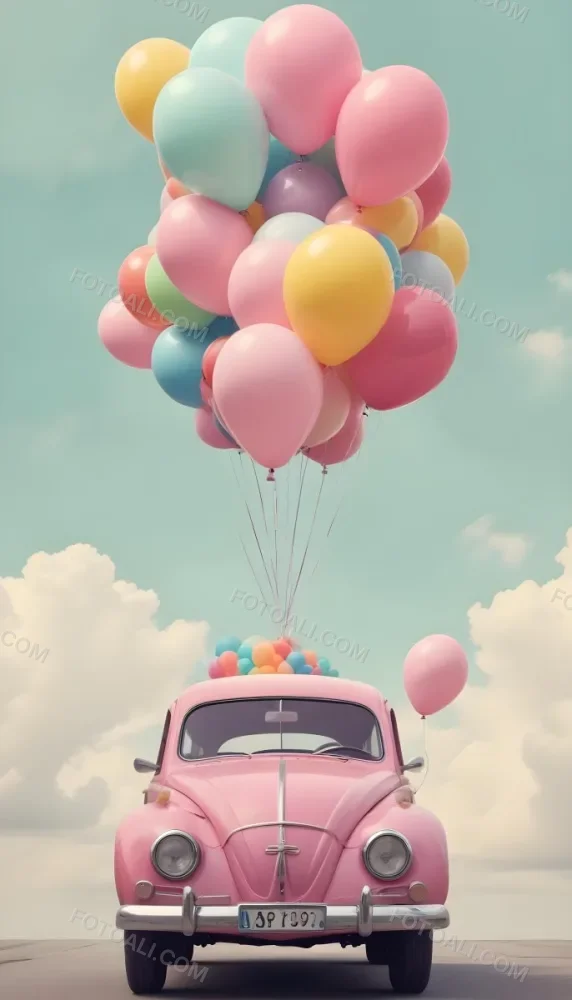 A Vintage Car With A Bunch Of Colorful Balloons Tied To The Roof Floating Against A Cloudy Sky 5 A58d