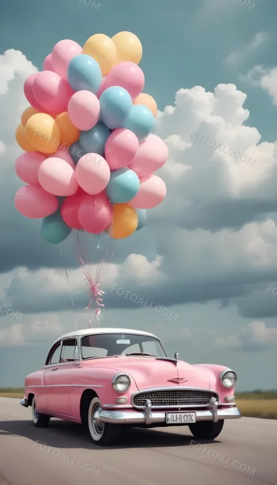 A Vintage Car With A Bunch Of Colorful Balloons Tied To The Roof Floating Against A Cloudy Sky 6 6996