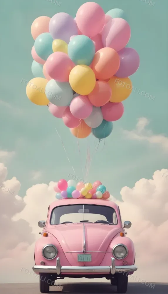 A Vintage Car With A Bunch Of Colorful Balloons Tied To The Roof Floating Against A Cloudy Sky 7 C8e7