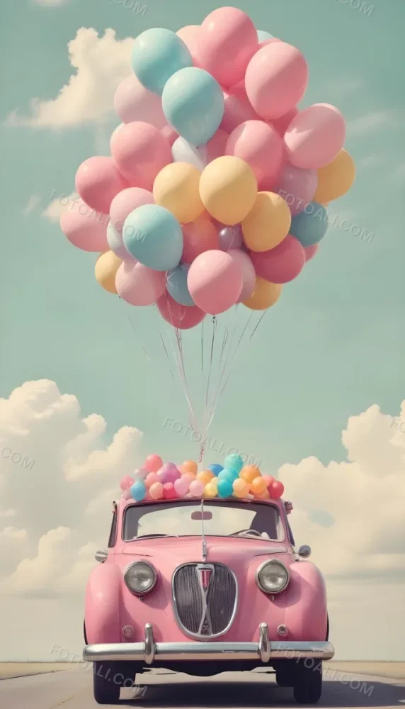 A Vintage Car With A Bunch Of Colorful Balloons Tied To The Roof Floating Against A Cloudy Sky 9 4125