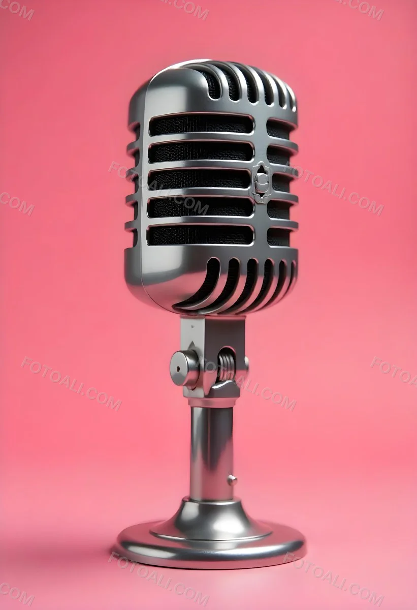 A Vintage Microphone With A Silver Finish Showcasing Its Classic Design And Intricate Details Set Against A Soft Pink Background 1 6983