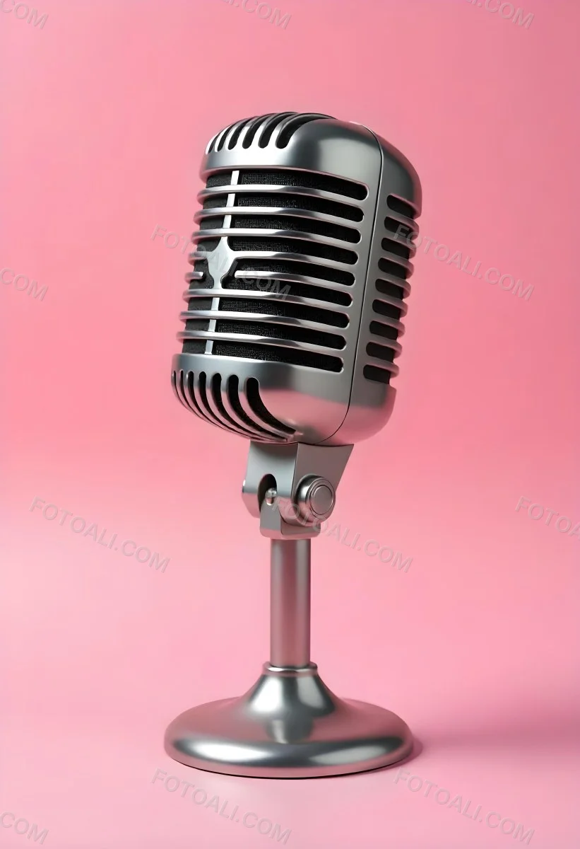 A Vintage Microphone With A Silver Finish Showcasing Its Classic Design And Intricate Details Set Against A Soft Pink Background 14 8104