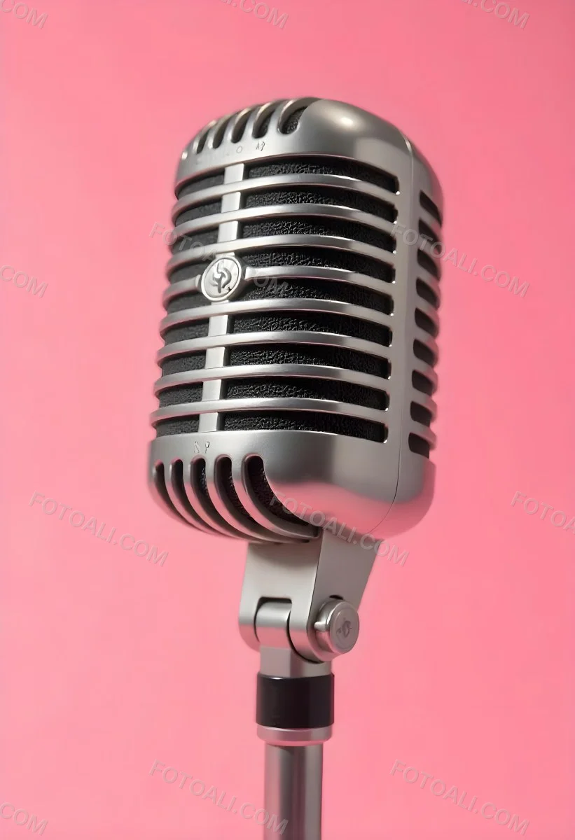 A Vintage Microphone With A Silver Finish Showcasing Its Classic Design And Intricate Details Set Against A Soft Pink Background 2 8527