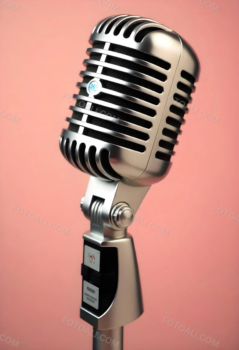 A Vintage Microphone With A Silver Finish Showcasing Its Classic Design And Intricate Details Set Against A Soft Pink Background 30 112d